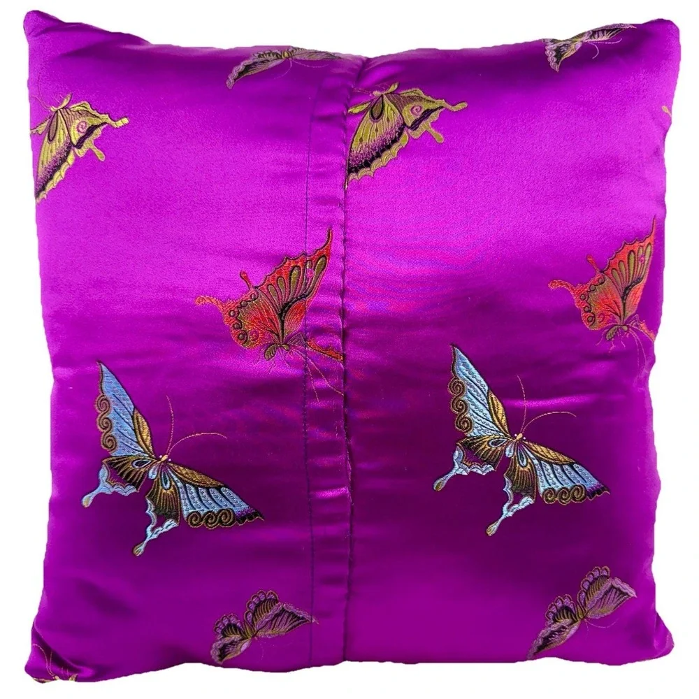 Handmade Embroidered Floral Butterfly Throw Pillow 12x12 Purple‎ Satin EUC